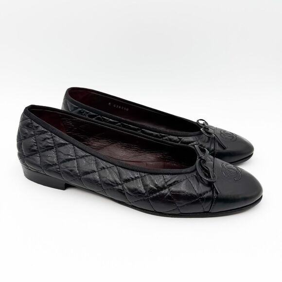 Chanel CC Cap Toe Ballet Flats EU 40 US 9-9.5 Black Quilted Leather Bow Shoe - Picture 1 of 13